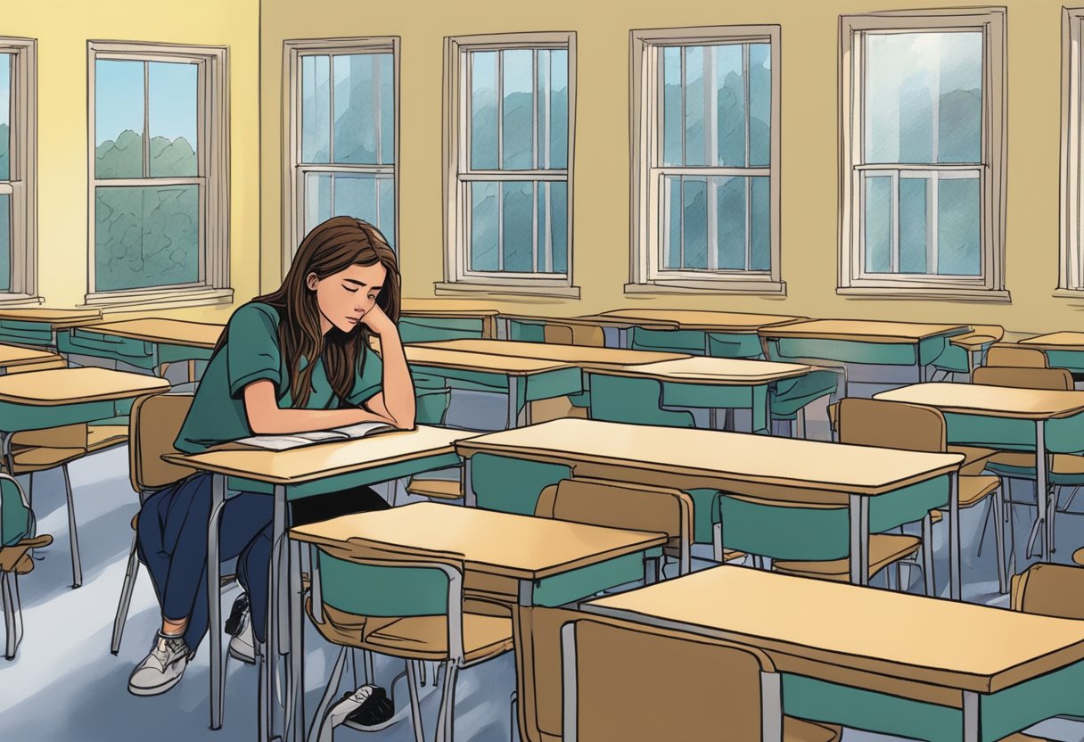 Harper sits alone, tears streaming down her face, surrounded by empty desks in a dimly lit classroom at Heartbreak High