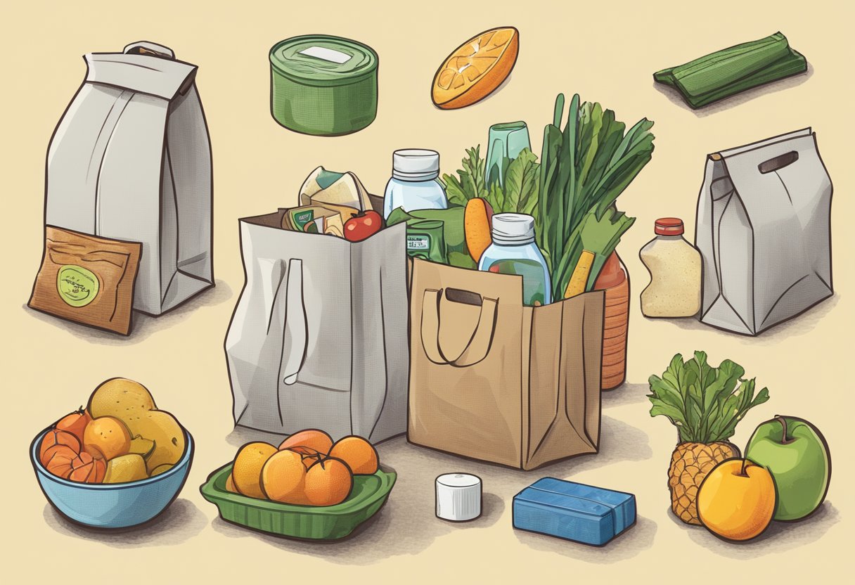 A stack of custom grocery bags with "Frequently Asked Questions" printed on them, surrounded by various food items and household products
