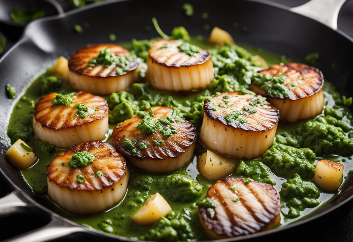 Plump scallops sizzling in a skillet with vibrant green pesto sauce, emitting a mouthwatering aroma