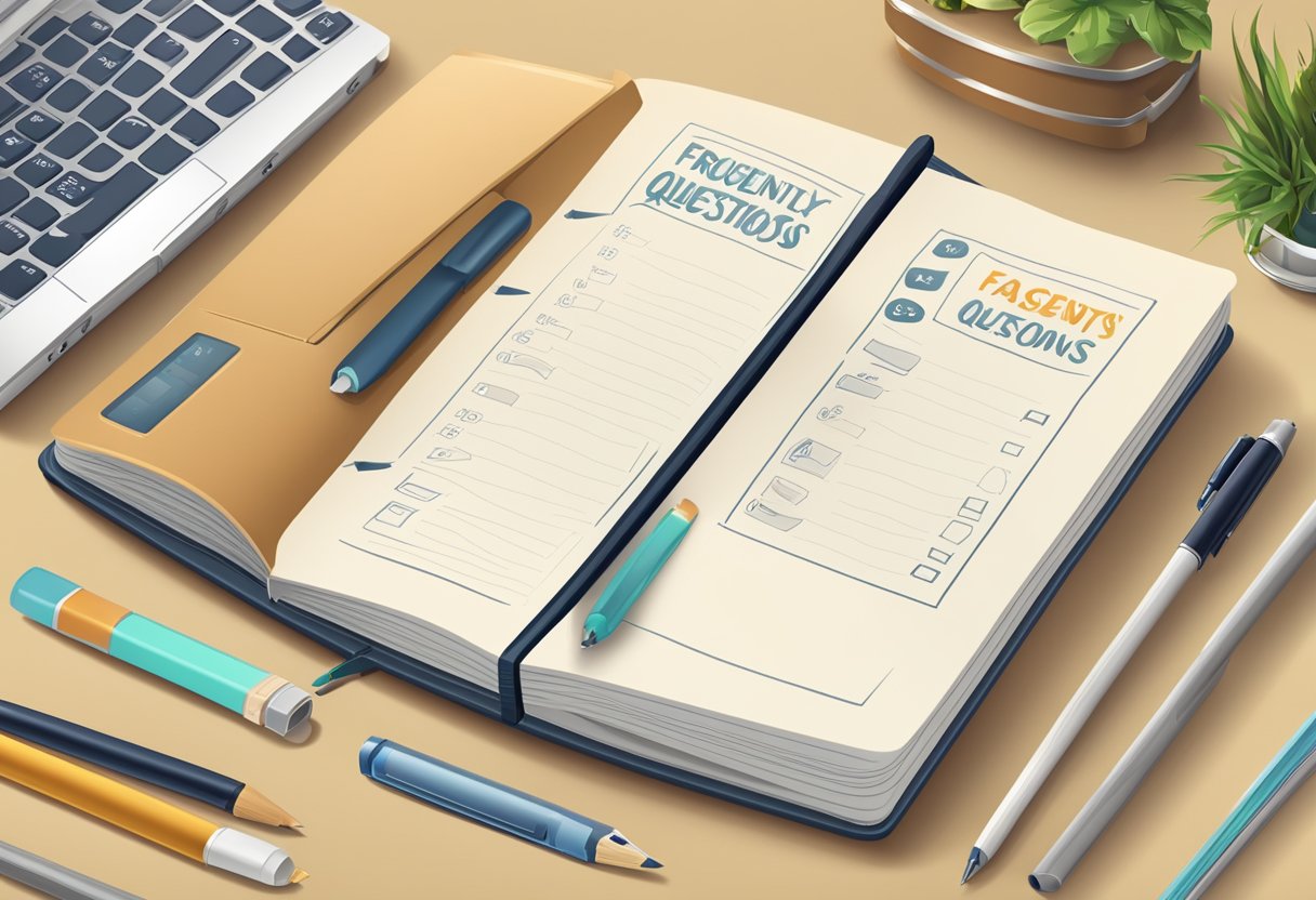 A notebook with "Frequently Asked Questions" written on the cover, surrounded by various design elements and open pages with customizable sections