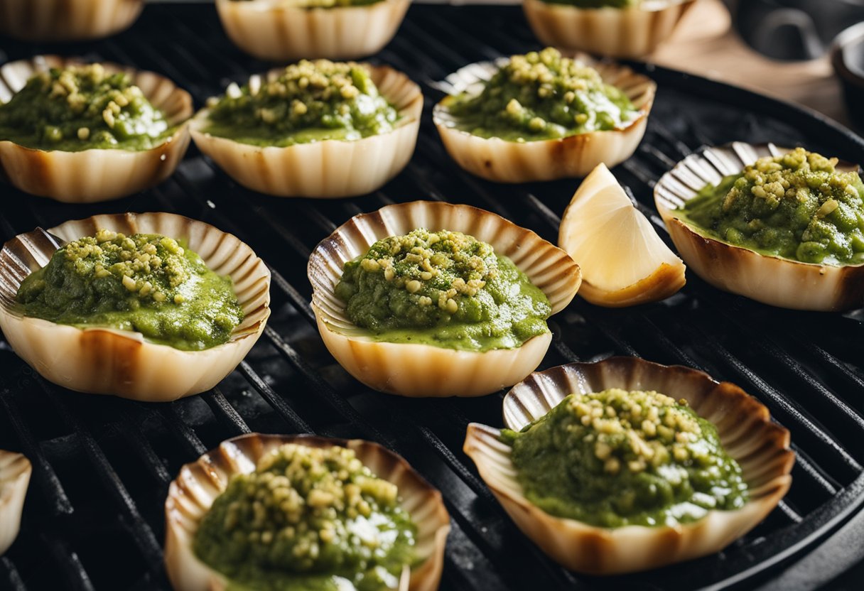 Scallops being marinated in pesto sauce before grilling