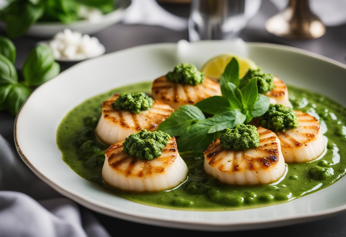 Scallops being coated in vibrant green pesto sauce