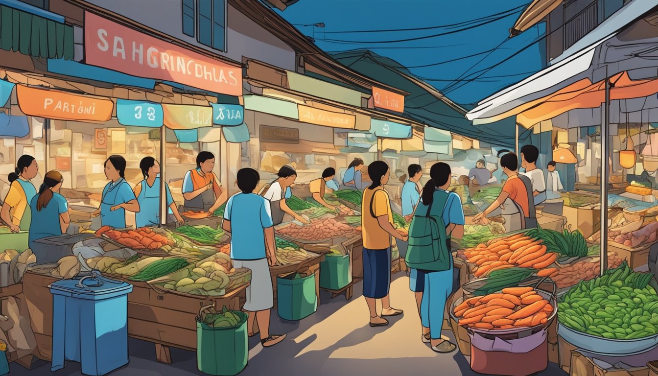 A colorful seafood market in Paradise, Penang, Singapore, with vendors selling fresh catches and bustling with activity