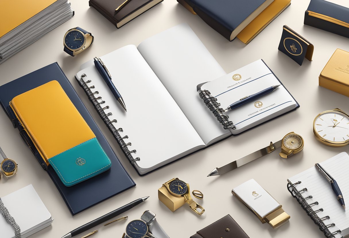 A table adorned with elegant corporate gifts, including branded pens, leather notebooks, and custom-engraved trophies