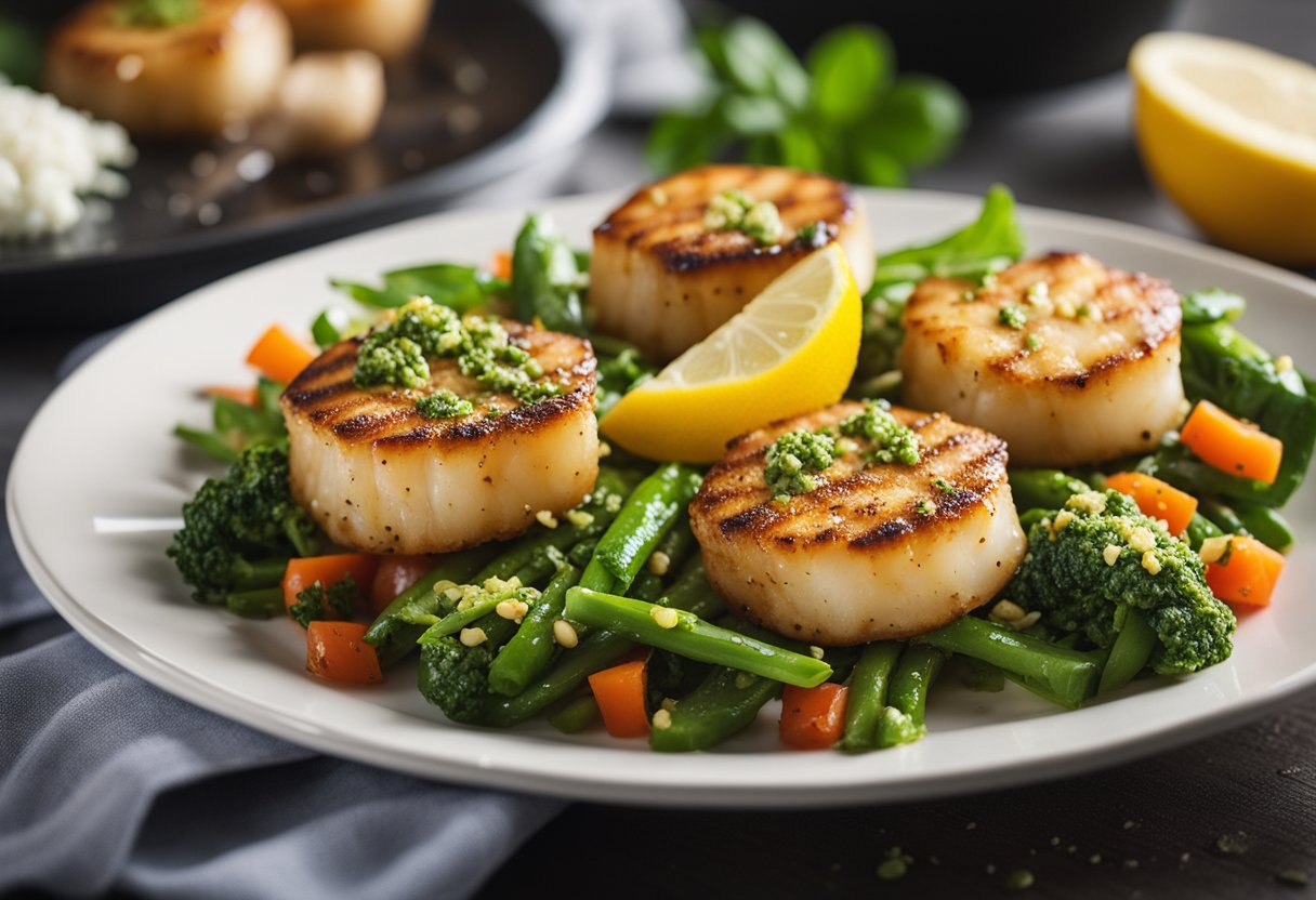 A sizzling skillet of pesto-coated scallops with a side of vibrant, fresh vegetables and a drizzle of lemon