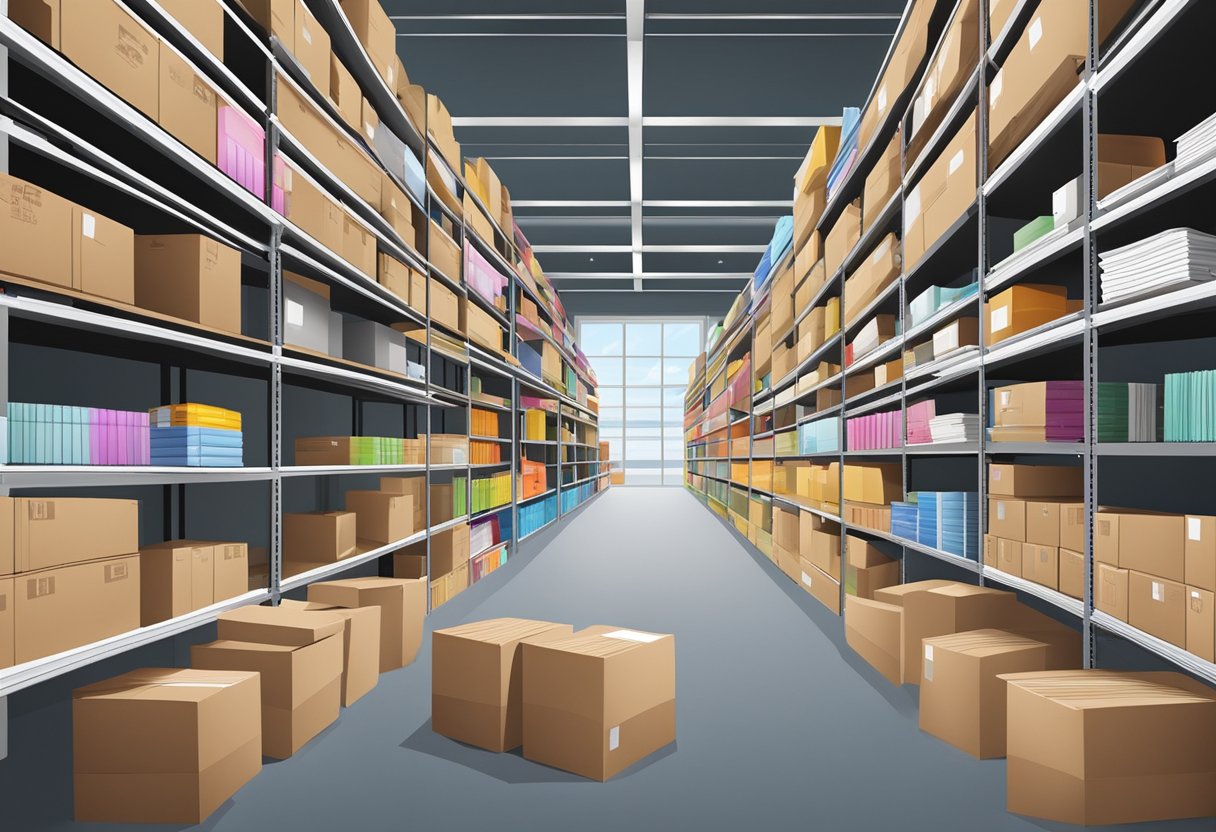 A warehouse filled with shelves of neatly stacked stationery supplies. Boxes and packages of pens, notebooks, paper, and other office essentials are organized and ready for wholesale distribution