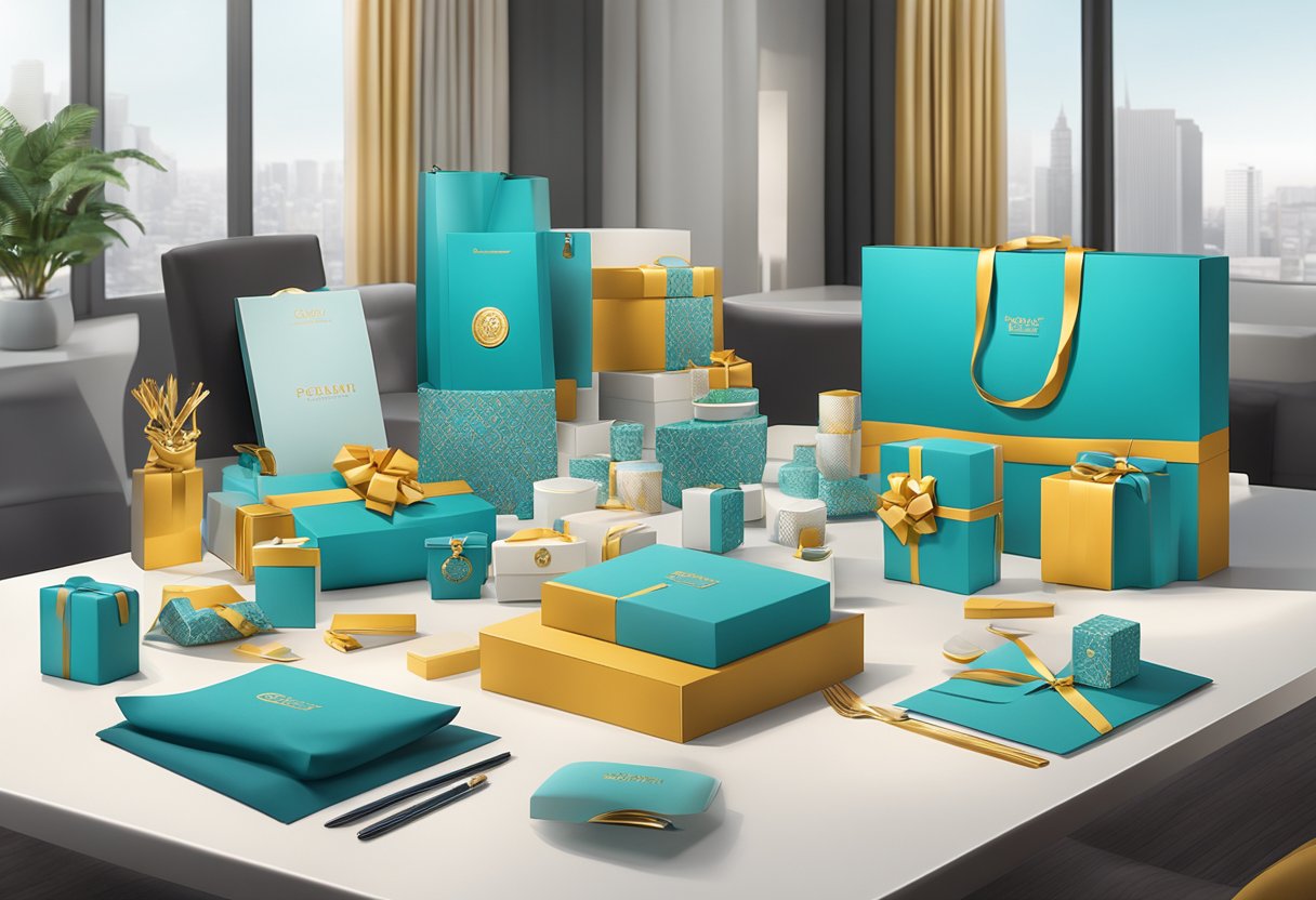 A table adorned with elegant and unique corporate gifts, including branded items and luxury products, displayed in a professional setting