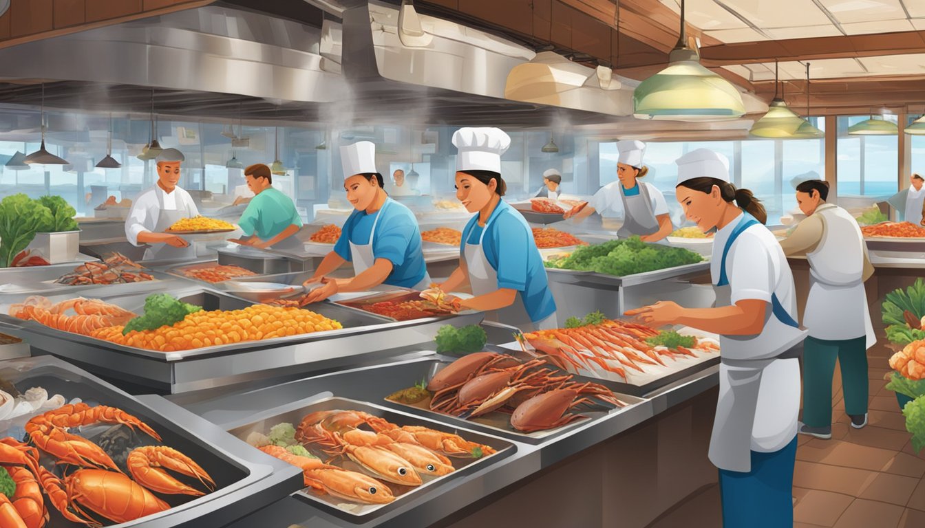 A bustling seafood market with colorful displays of fresh fish, crabs, and lobsters. Chefs expertly prepare sizzling dishes, while customers eagerly sample the culinary delights