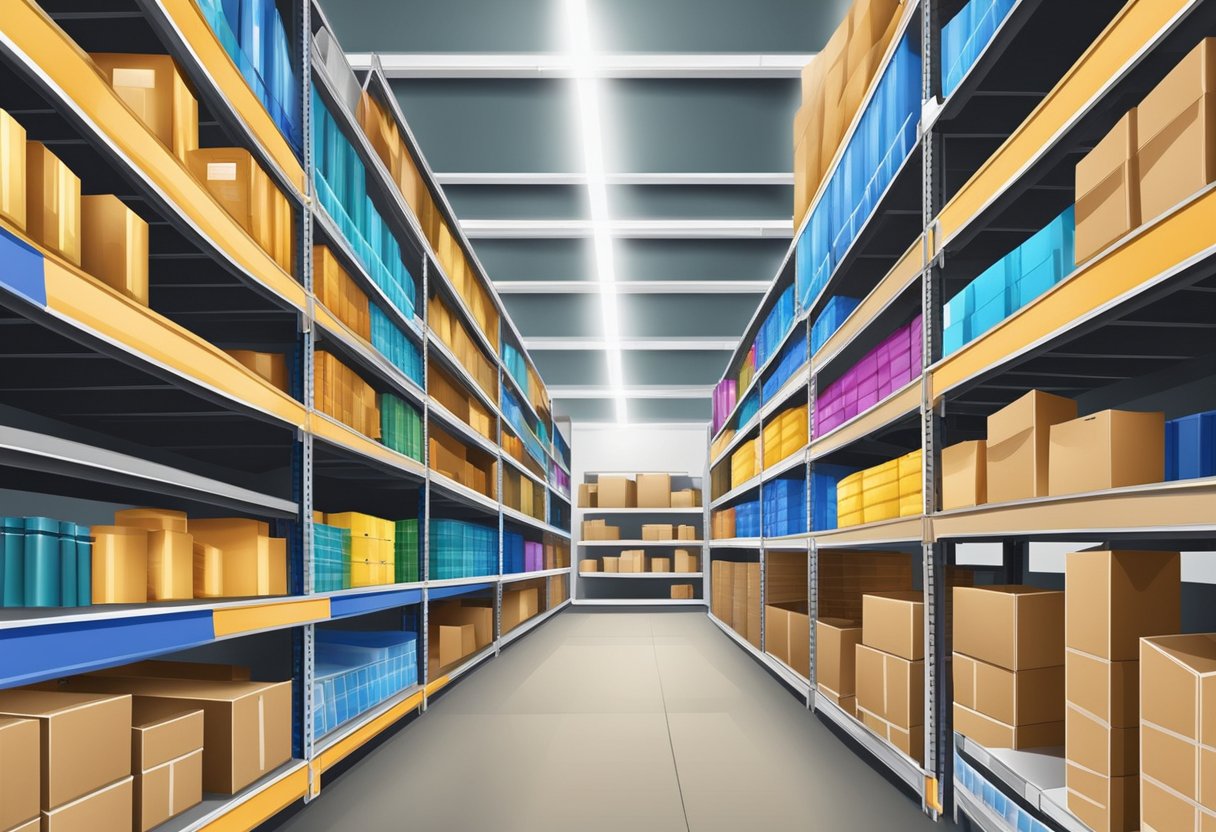 A warehouse shelves stocked with various stationery products and supplies for wholesale distribution