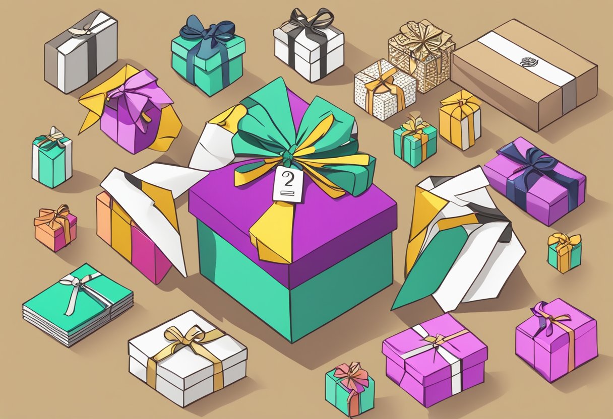 A hand reaching for a beautifully wrapped corporate gift box, surrounded by various gift options and a sign reading "Selecting the Right Gift"