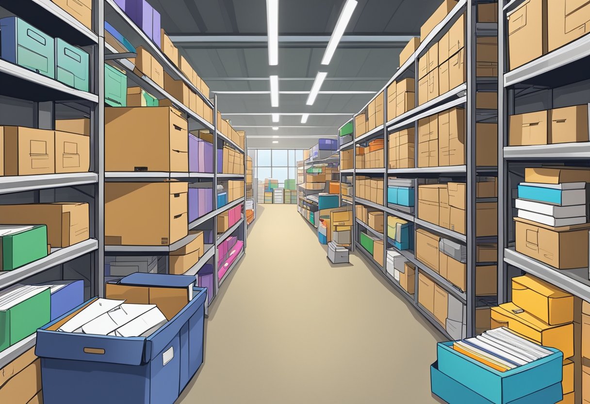 A warehouse filled with neatly stacked boxes of stationery supplies, shelves lined with colorful notebooks, pens, and folders, and a bustling office area with employees processing orders and managing inventory