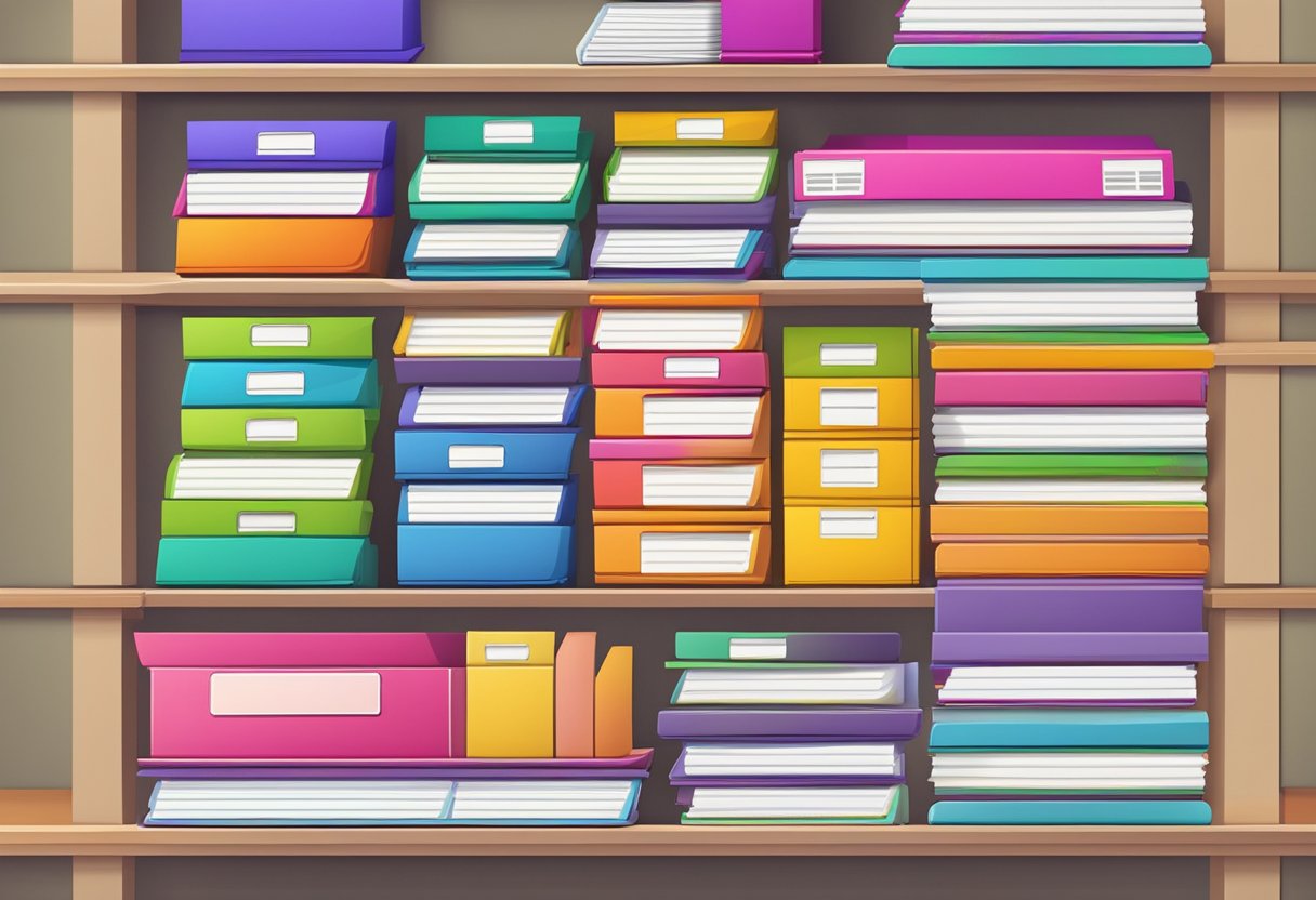 A stack of neatly organized FAQ documents and a row of colorful stationery items displayed on a wholesale shelf