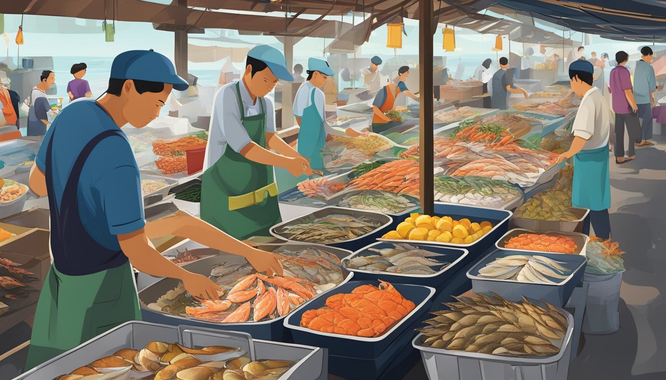 A bustling seafood market in Singapore and Penang, with colorful displays of fresh fish, crabs, and shellfish. Customers eagerly select their favorite catches while vendors expertly prepare the seafood for cooking