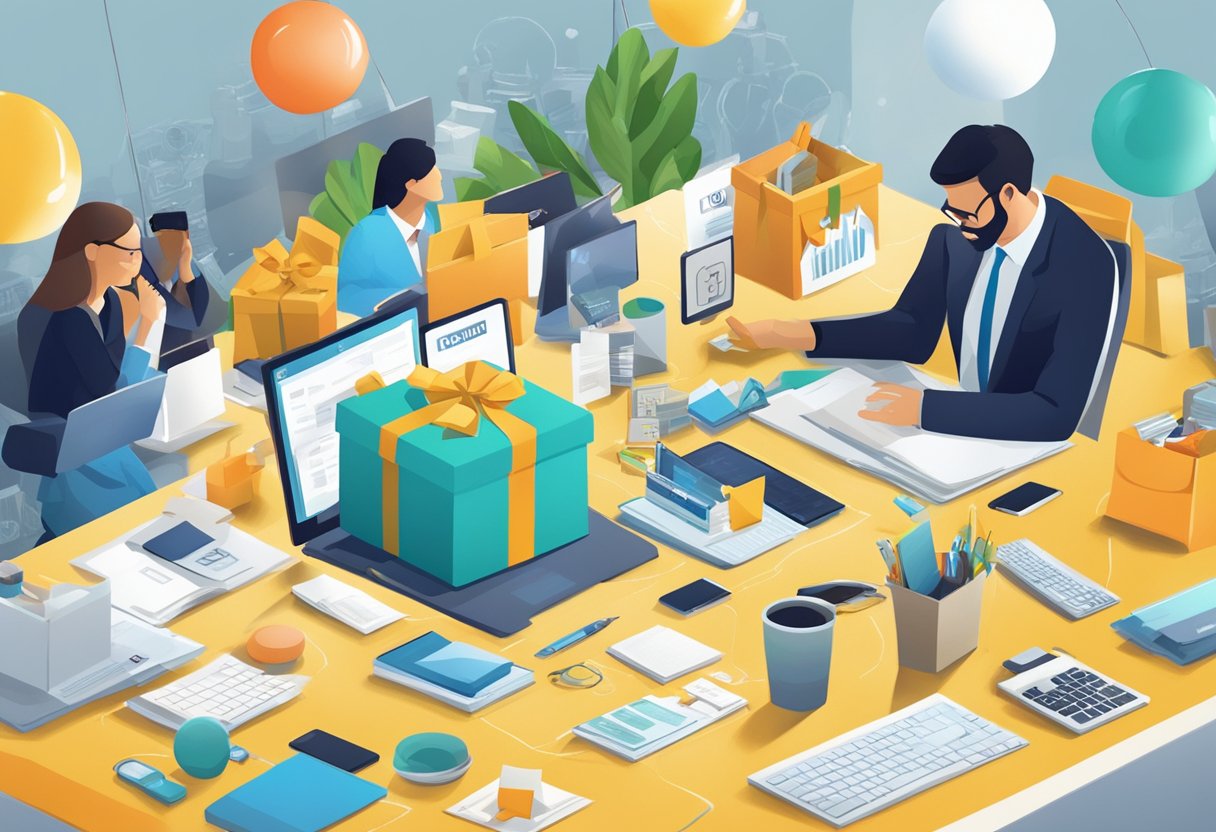 A table adorned with various branded corporate gifts, surrounded by curious employees