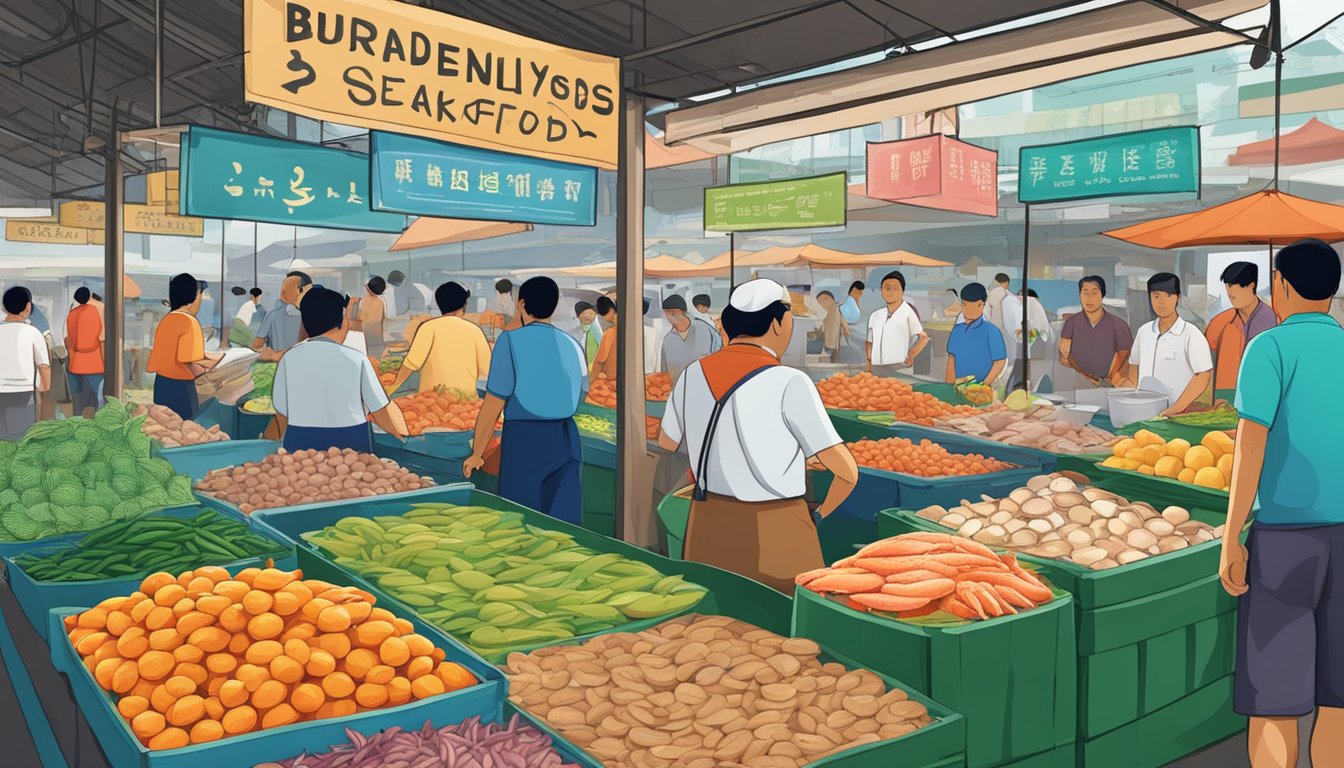 A bustling seafood market in Penang, Singapore, with colorful stalls and a sign reading "Frequently Asked Questions Paradise Seafood."