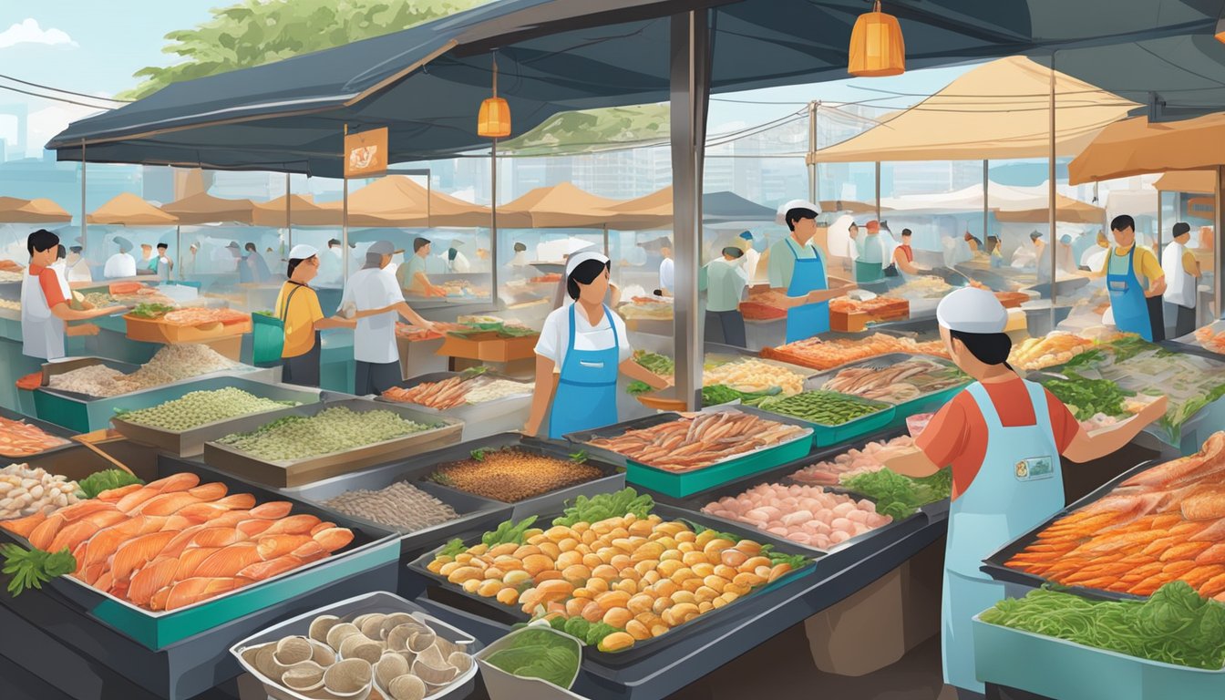 A bustling seafood market in Singapore, with colorful displays of fresh fish and shellfish, and the aroma of spices and cooking filling the air