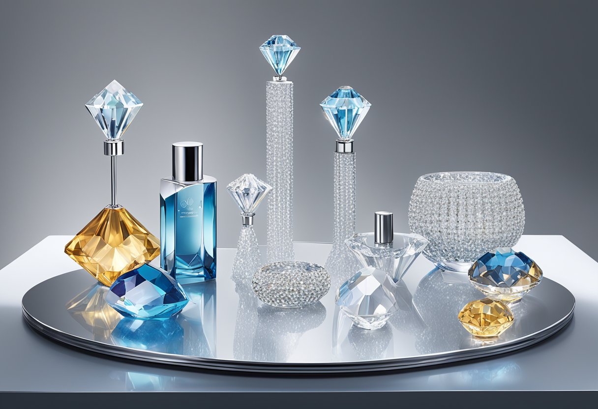 A luxurious display of Swarovski crystal corporate gifts arranged on a sleek, modern table with soft, indirect lighting highlighting the sparkling details