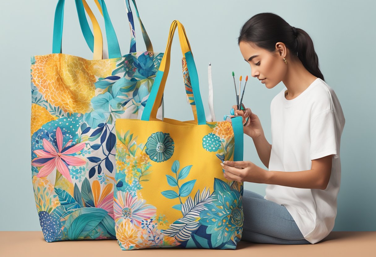 A person using fabric paint to customize a plain tote bag with colorful designs and patterns