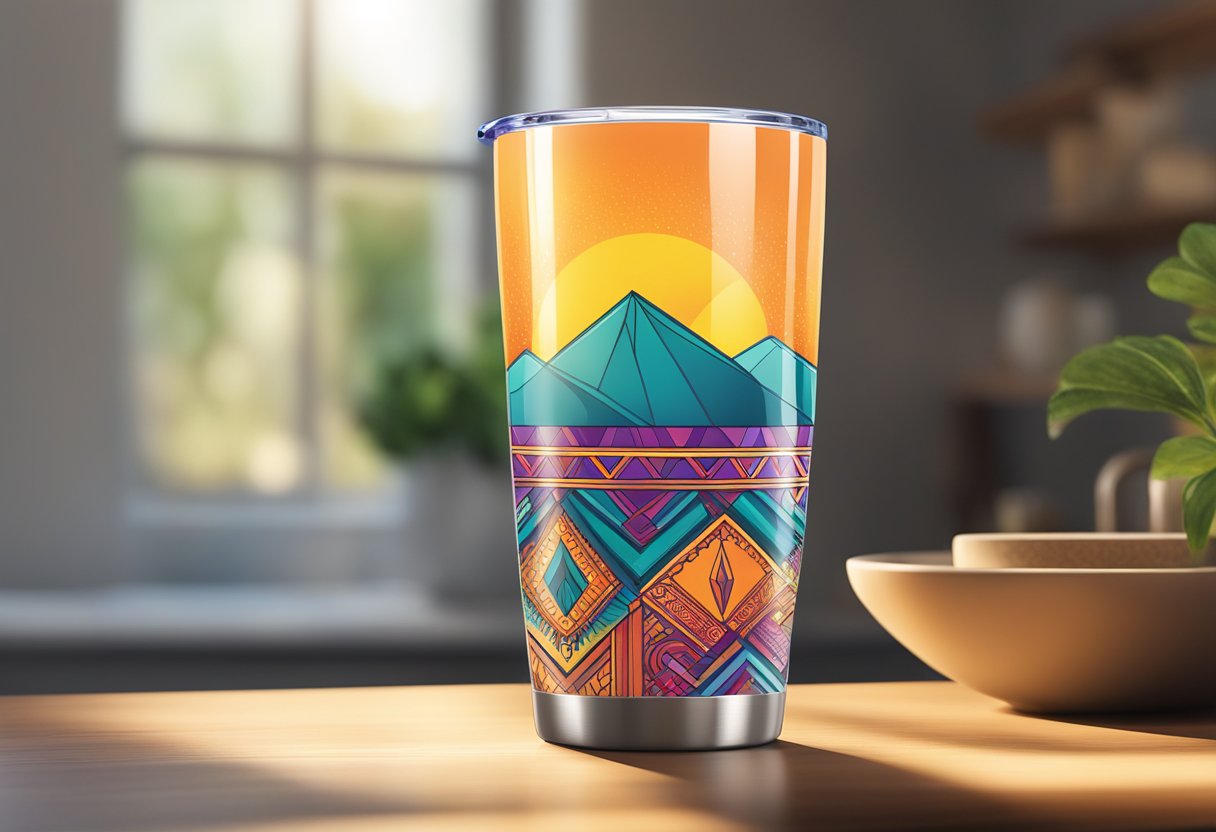 A custom tumbler sits on a wooden table, adorned with vibrant colors and intricate patterns. The sunlight streaming through a nearby window highlights its glossy finish