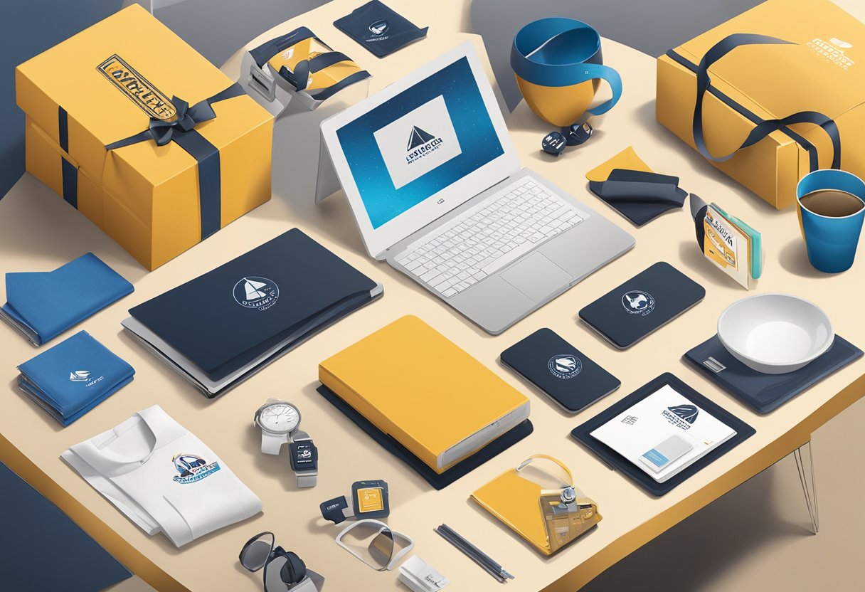 A table filled with branded merchandise and gift options, surrounded by corporate logos and branding materials