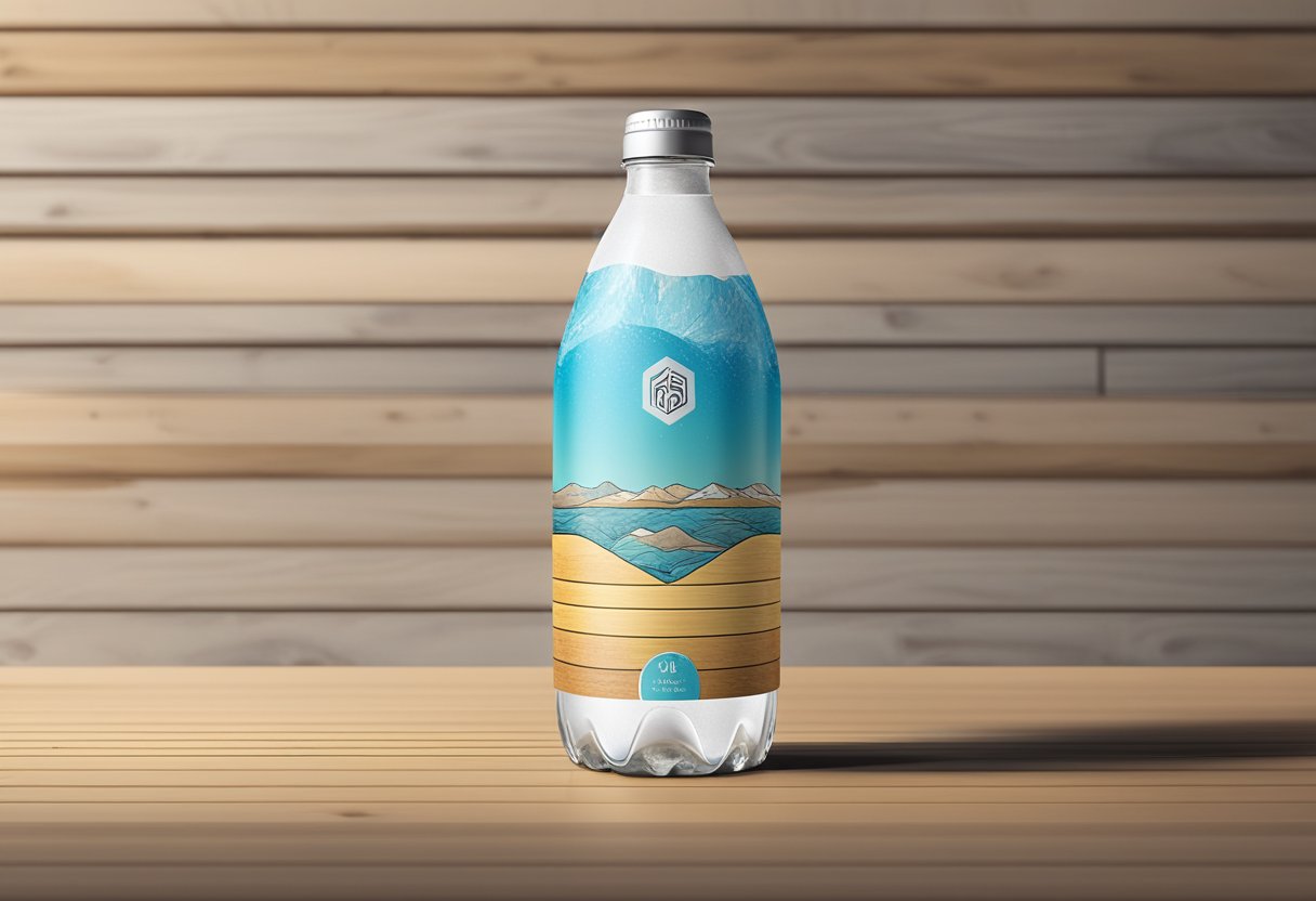 A customised mineral water bottle sits on a wooden table, with a label featuring a unique design and the brand's logo