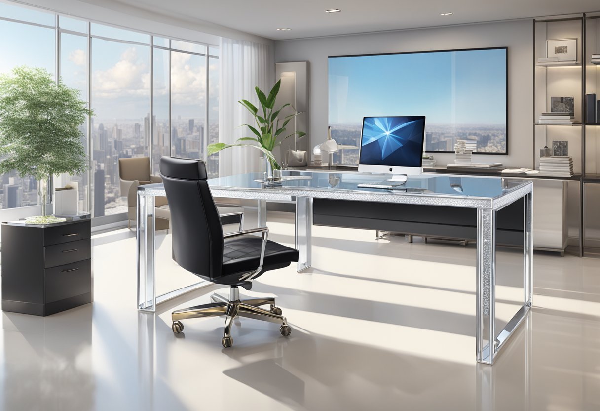 A luxurious Swarovski crystal corporate gift displayed on a sleek, modern desk in a professional office setting. The gift is elegantly packaged and prominently showcased, exuding sophistication and prestige