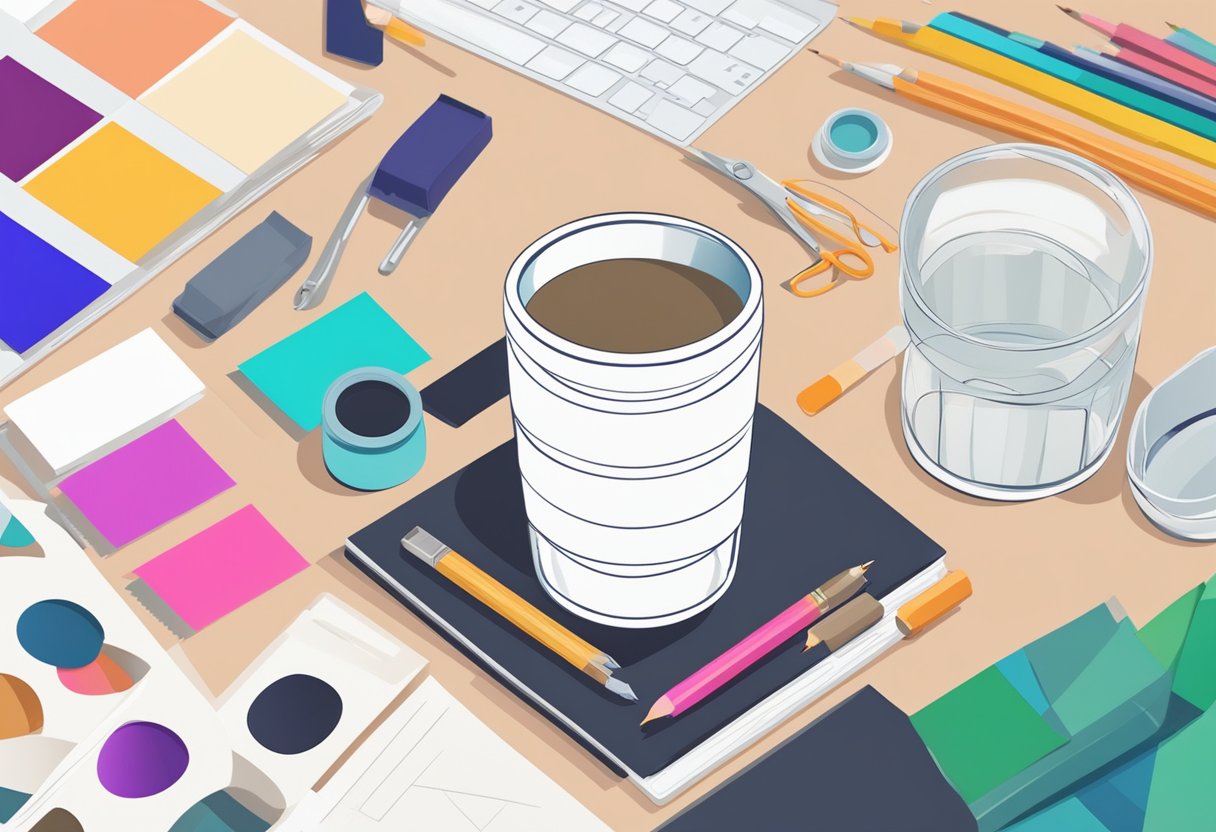 A hand holding a blank tumbler, surrounded by design tools, color swatches, and various customizable elements
