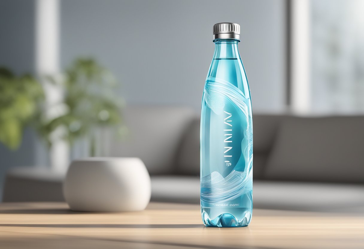 A custom mineral water bottle with unique design and logo, standing on a clean, modern table with natural lighting