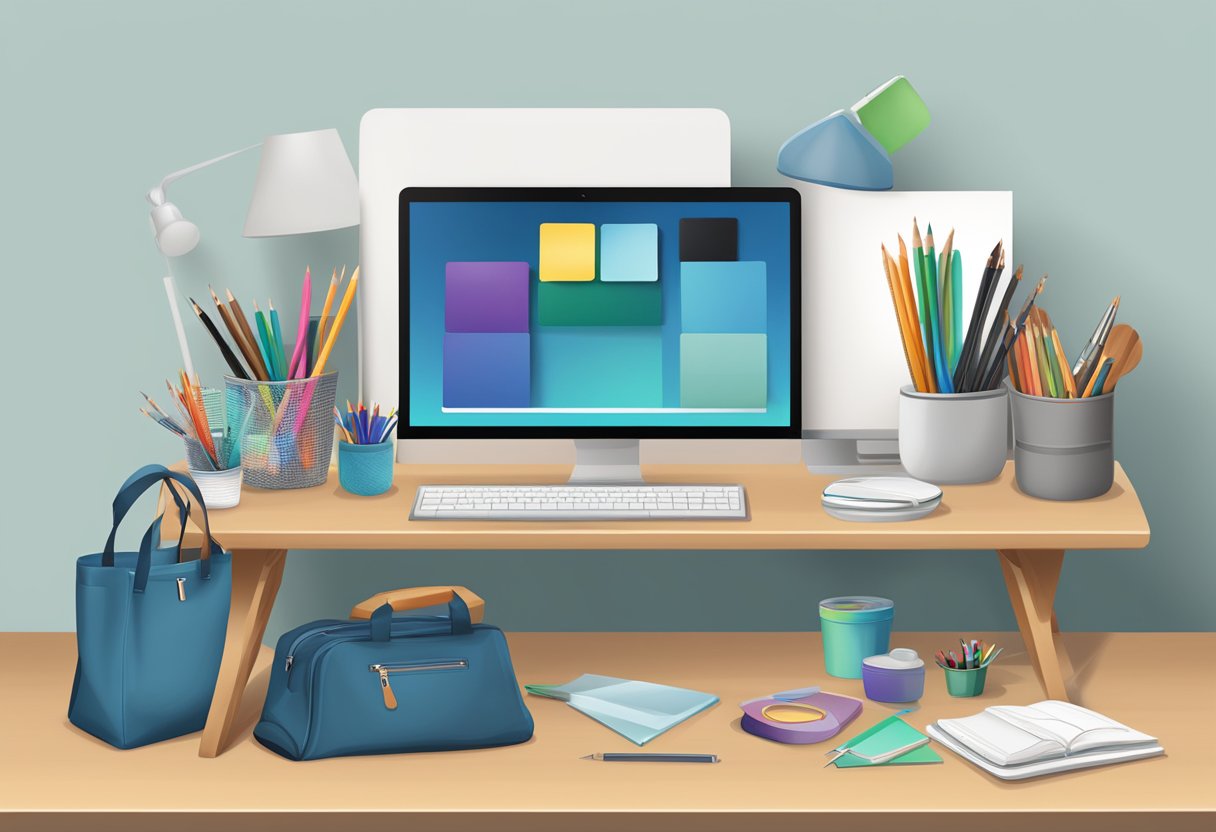A table with art supplies, a blank tote bag, and a computer displaying custom design options