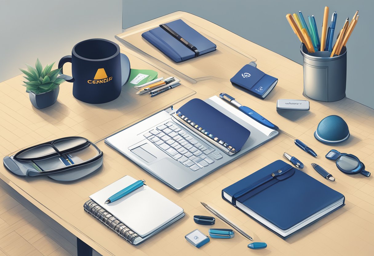 A table displaying a variety of customised corporate gifts, including branded pens, notebooks, and tech accessories. A supplier assists a client in choosing the perfect gift
