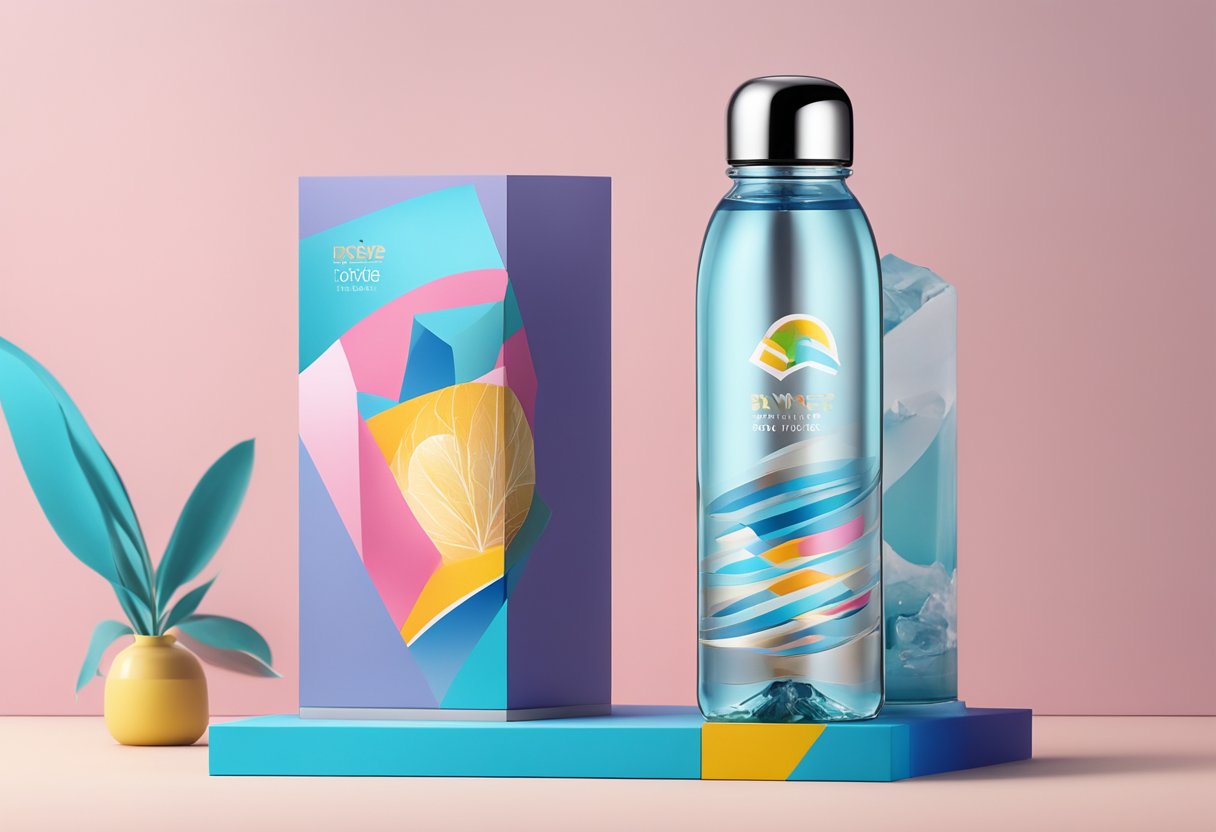 A customised mineral water bottle sits on a sleek display stand, surrounded by vibrant branding materials