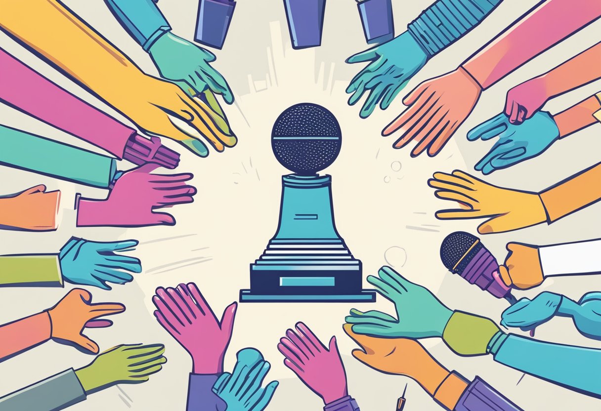 A hand reaching for a microphone-shaped trophy among various other token options