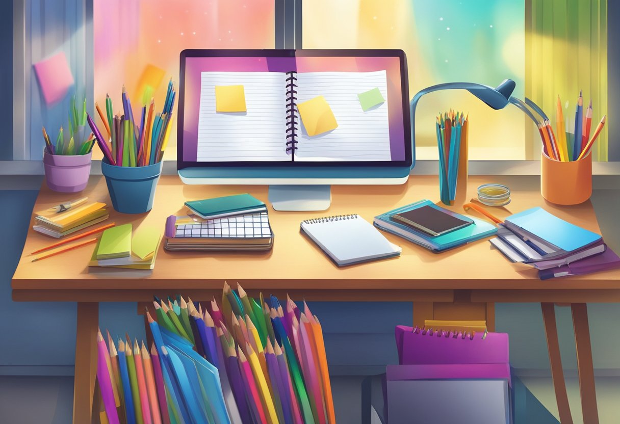 A table cluttered with colorful notebooks, pens, and pencils. A bright window casts a warm glow on the organized chaos of the notebook supplier's workspace