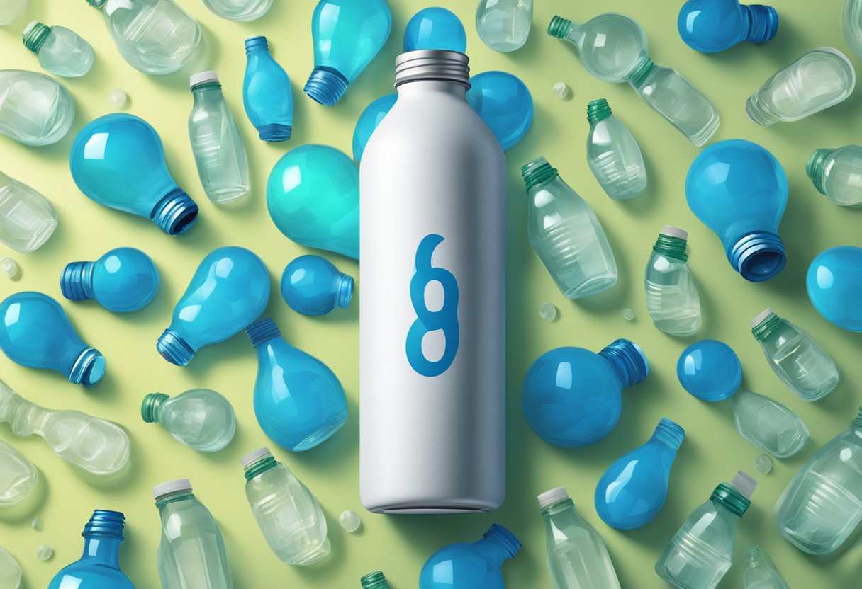 A customised mineral water bottle surrounded by question marks and a bright spotlight