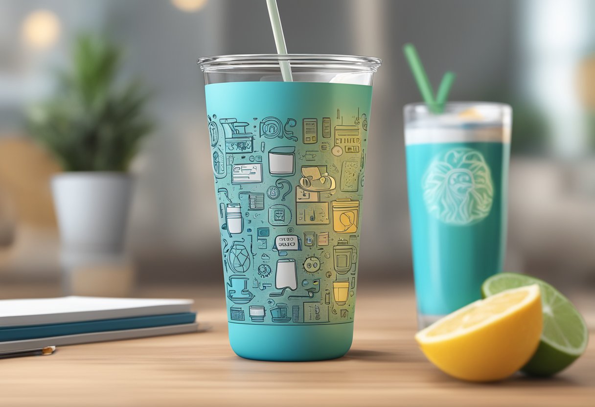 A custom tumbler with "Frequently Asked Questions" text, surrounded by various icons and symbols, sits on a table with a refreshing drink inside