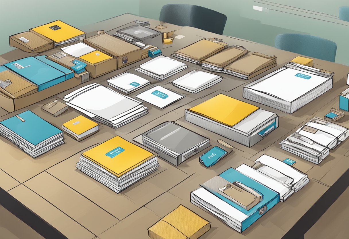 A table with various customised corporate gifts being packaged and labeled for delivery by a supplier