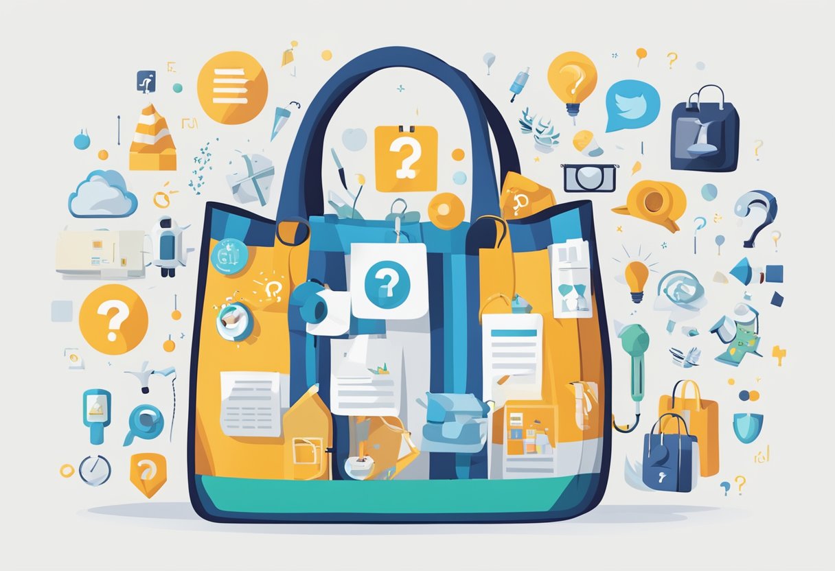 A tote bag with "Frequently Asked Questions" text surrounded by various icons and symbols