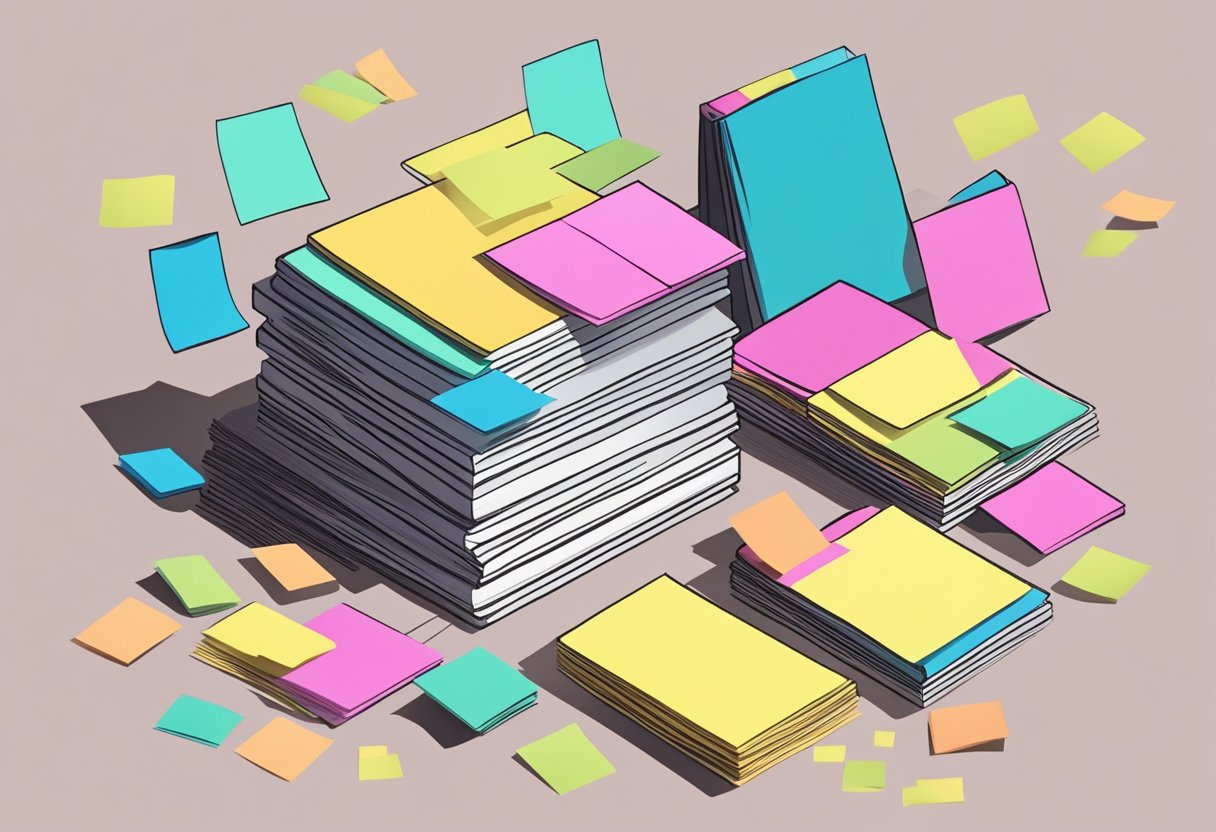 A hand reaches for a stack of sticky notes, surrounded by various corporate gifts