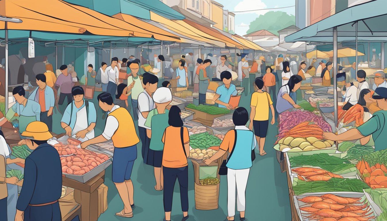 A bustling seafood market in Singapore, with colorful stalls and customers asking questions about the fresh catch