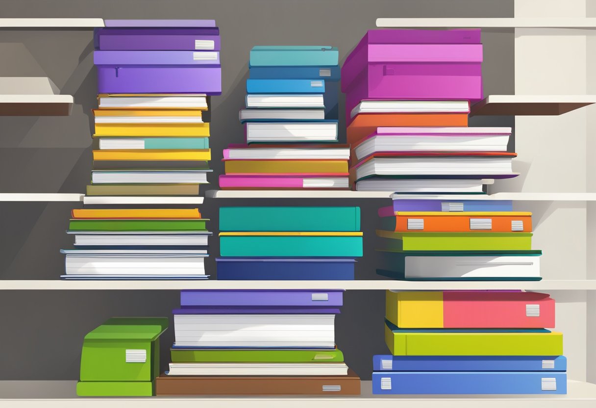 A stack of colorful notebooks arranged on a shelf, with various sizes and designs visible