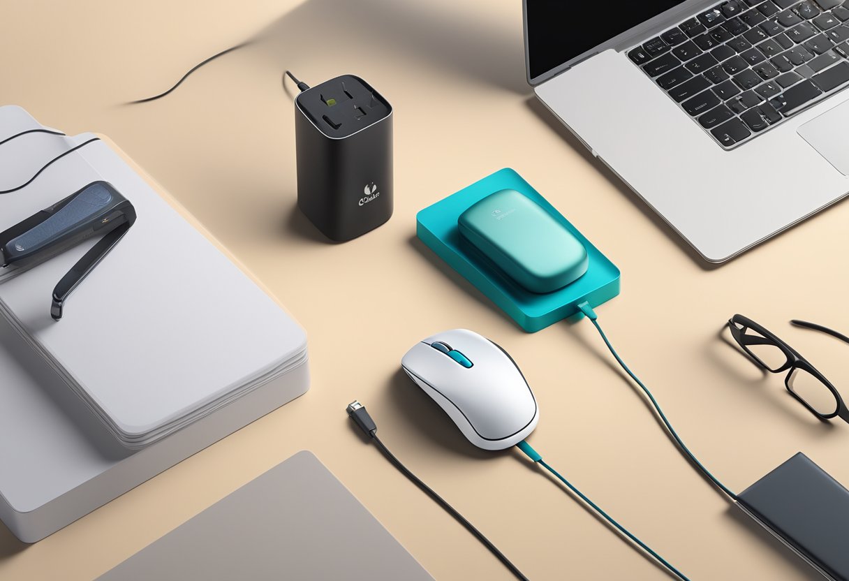 A mouse sits on a charging pad, surrounded by corporate branding and gift packaging