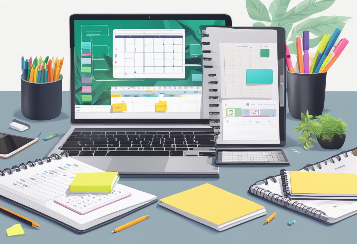 A busy office desk with a stack of notebooks and a laptop, surrounded by pens, highlighters, and sticky notes. A calendar and planner are open, with the notebook supplier's logo visible