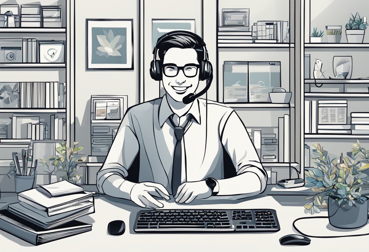 A desk with a computer and shelves of gift items. A customer service representative answering a phone call with a smile