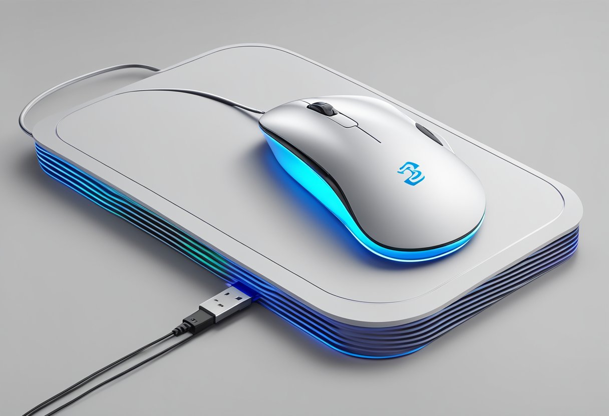 A sleek mouse sits on a charging pad, branded with a corporate logo. Clean lines and modern design