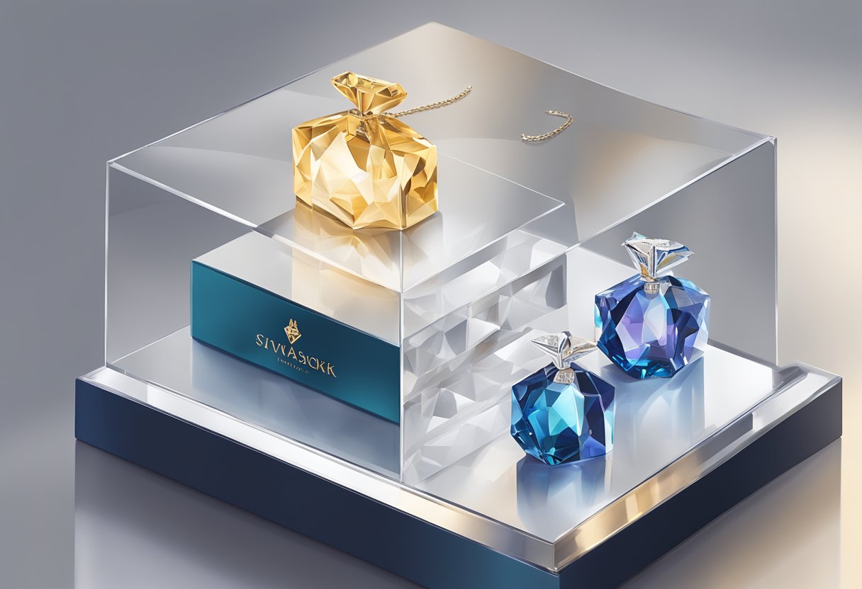 A hand reaches for a gleaming Swarovski crystal corporate gift displayed on a luxurious velvet-lined shelf, surrounded by elegant branding materials