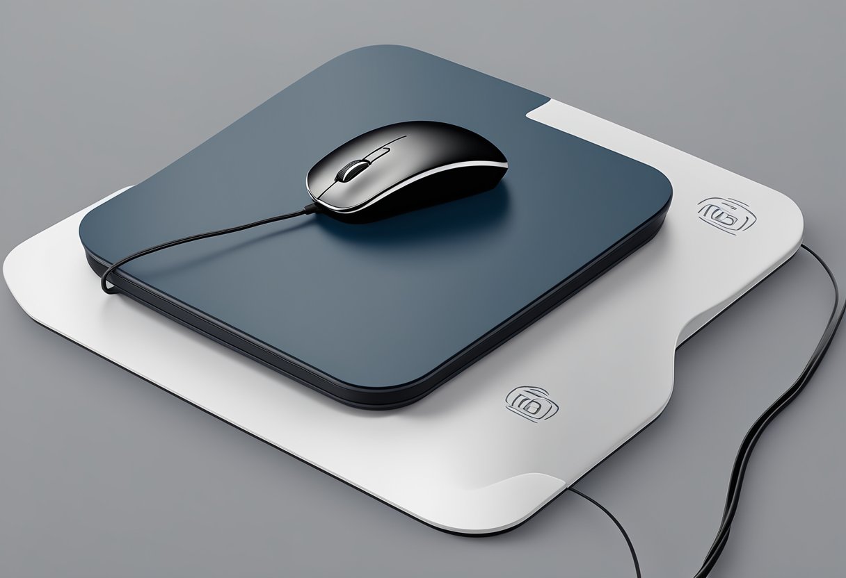 A sleek, modern mouse sits on a charging pad, branded with corporate logos. Dimensions and materials are visible