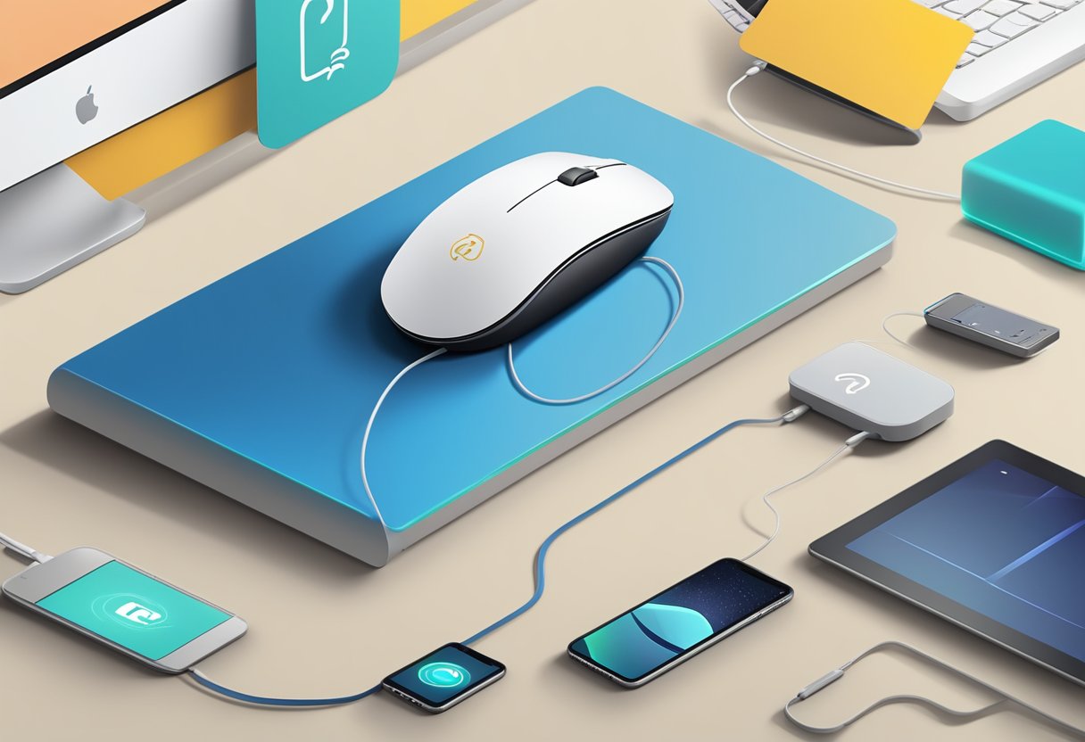 A mouse sits on a sleek charging pad, surrounded by corporate logos and a "Frequently Asked Questions" banner
