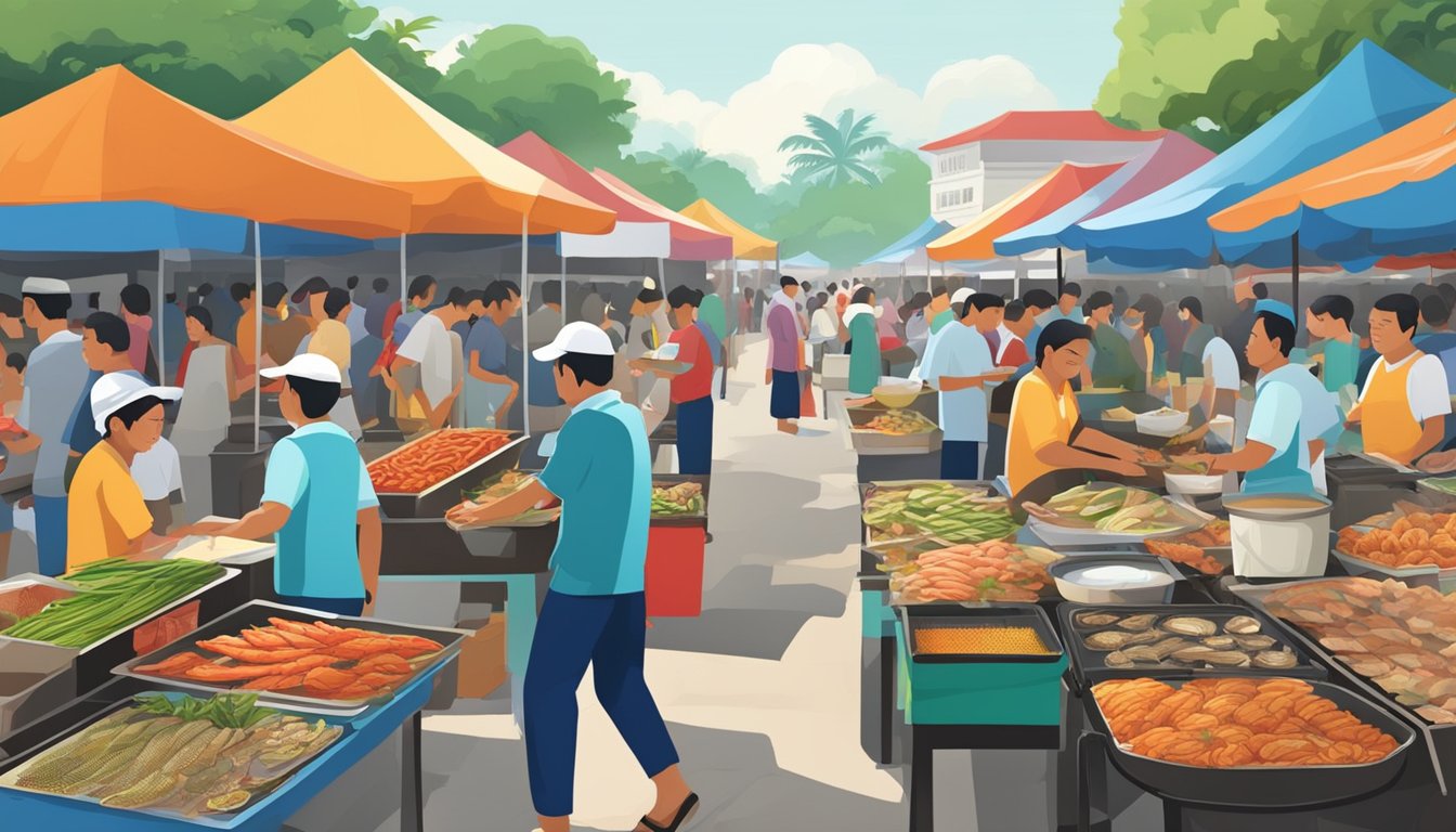 The bustling Pasir Penambang market, with colorful seafood stalls and bustling crowds, surrounded by the aroma of freshly grilled fish and the sound of sizzling pans