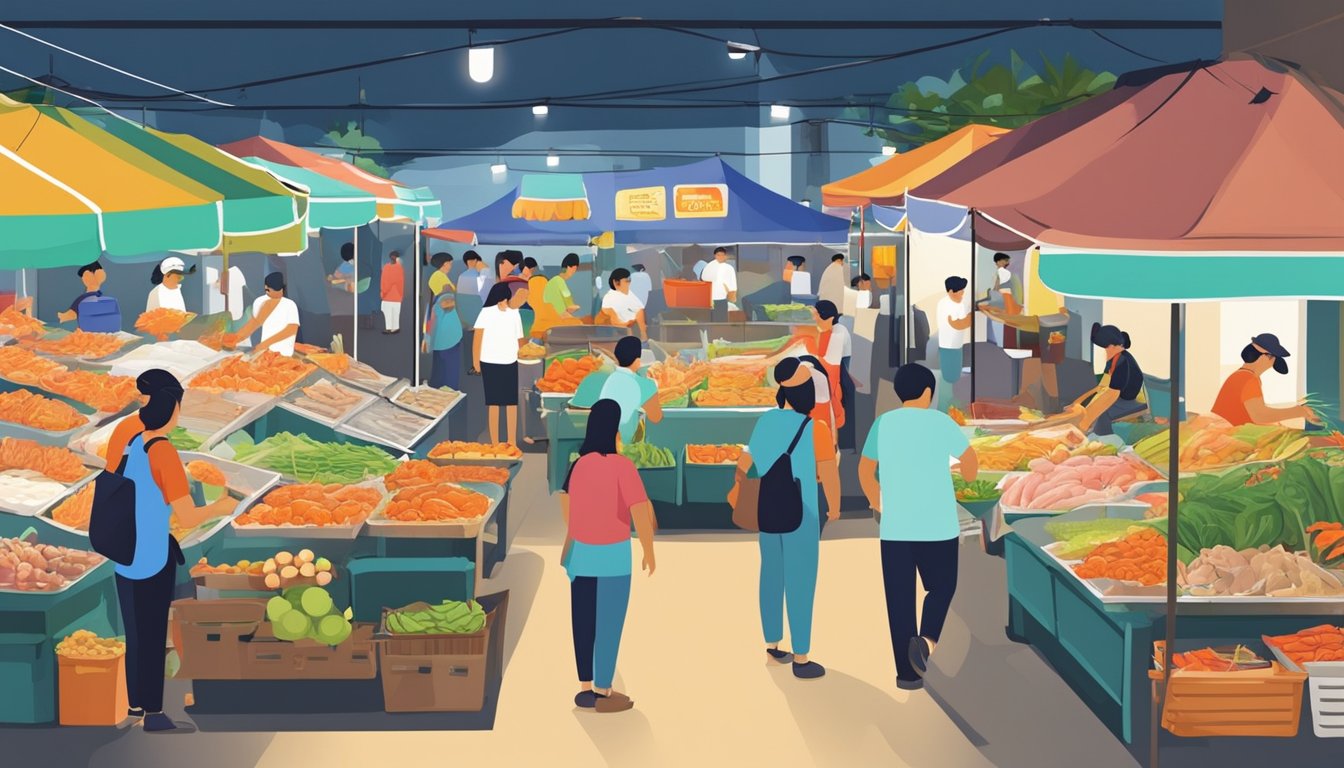 A bustling seafood market in Pasir Penambang, Singapore, with colorful stalls and fresh catches on display. Customers enjoy the lively atmosphere as they sample local delicacies