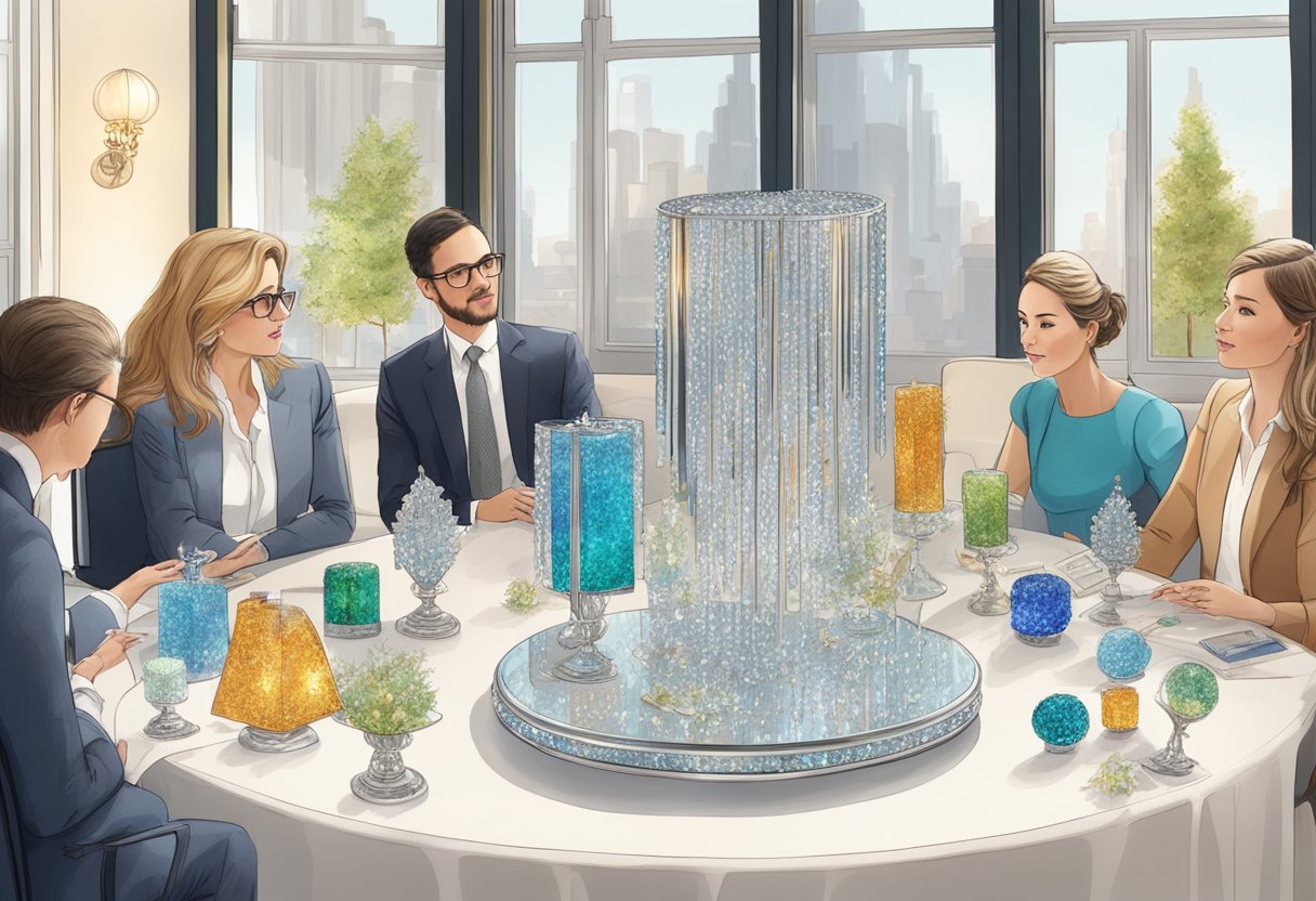 A table adorned with elegant swarovski crystal corporate gifts, surrounded by curious onlookers
